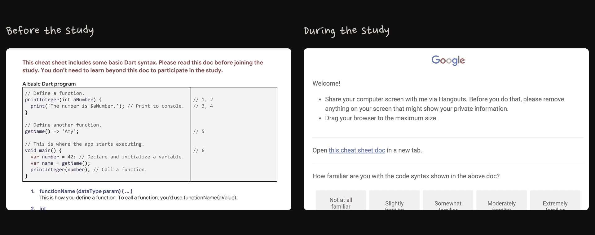 Dart syntax cheat sheet showing common programming constructs