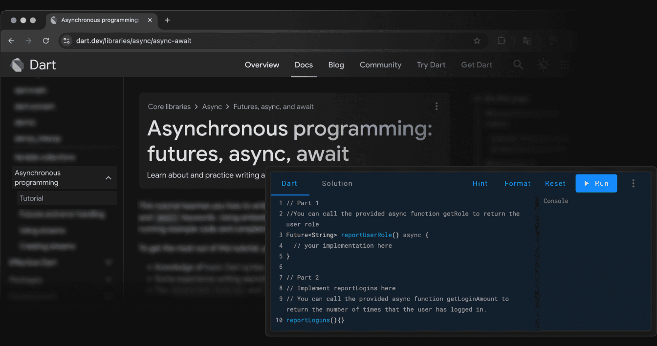 Final tutorial interface showing code editor, exercise instructions, and interactive feedback components