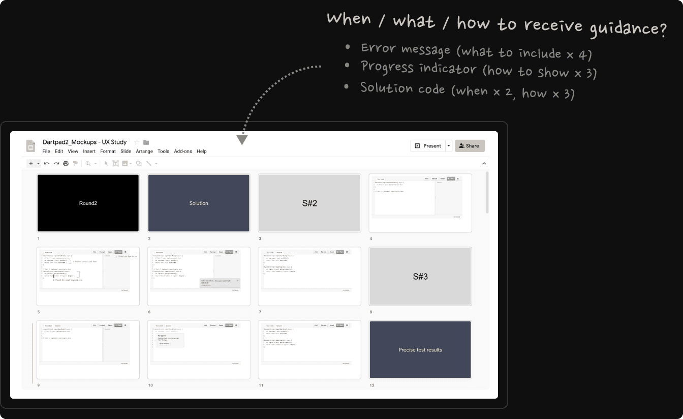 Google Slides mockups showing different variations of tutorial guidance: when to provide help, what information to show, and how to present it