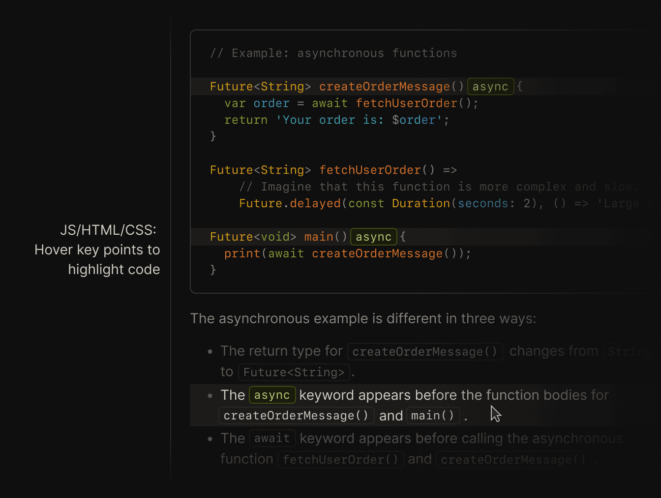 Interactive prototype demonstrating hover-to-highlight feature where hovering over key points highlights corresponding code sections