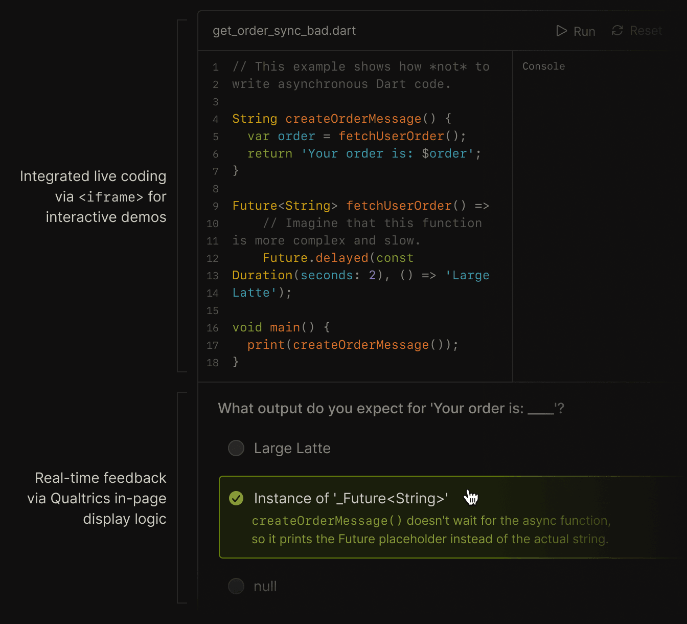 High-fidelity prototype showing embedded code editor via iframe alongside Qualtrics-powered real-time feedback display