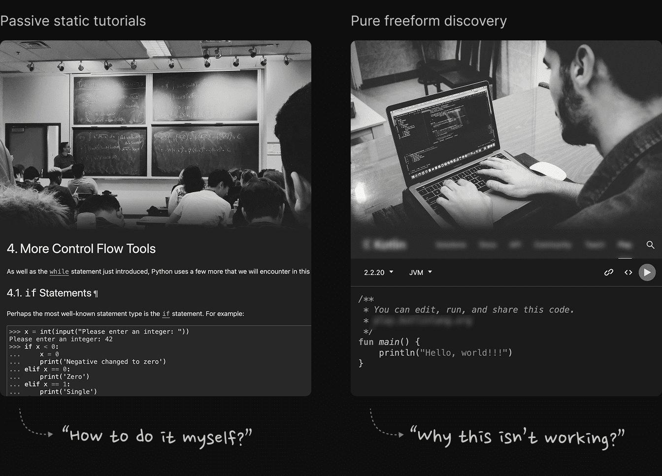 Two tutorial screenshots side by side. Passive static tutorials: 'How to do it myself?'. Pure freeform discovery: 'Why this isn't working?'
